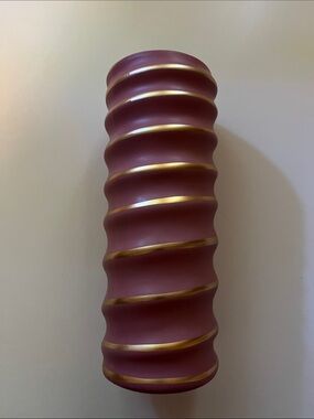 🌸✨ Vintage Pink & Gold Ribbed Ceramic Vase | 11” Decorative Floral Vase